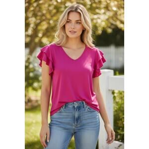Sweet Adelyn Hot Pink Ruffle Sleeve V-Neck Blouse | Feminine Flowy Top Size M